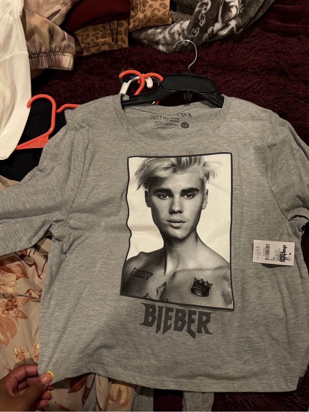 Justin Bieber Grey Graphic Long cropped Sleeve Tee with Portrait